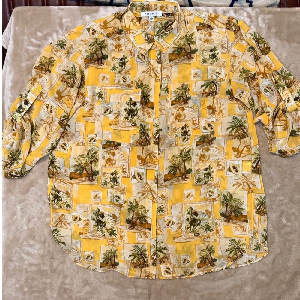Rose Olive Tropical Palm Tree Bird Print Button Up Shirt Women's Size L